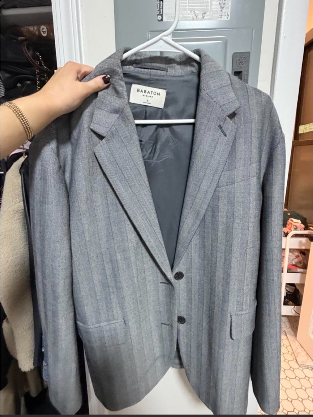 Babaton Charcoal Gray Pinstripe Two-Button Blazer